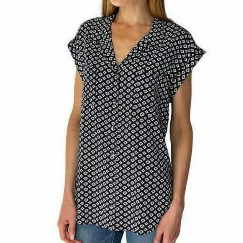 Jachs Girlfriend Navy Patterned Cap Sleeve Blouse Size Large